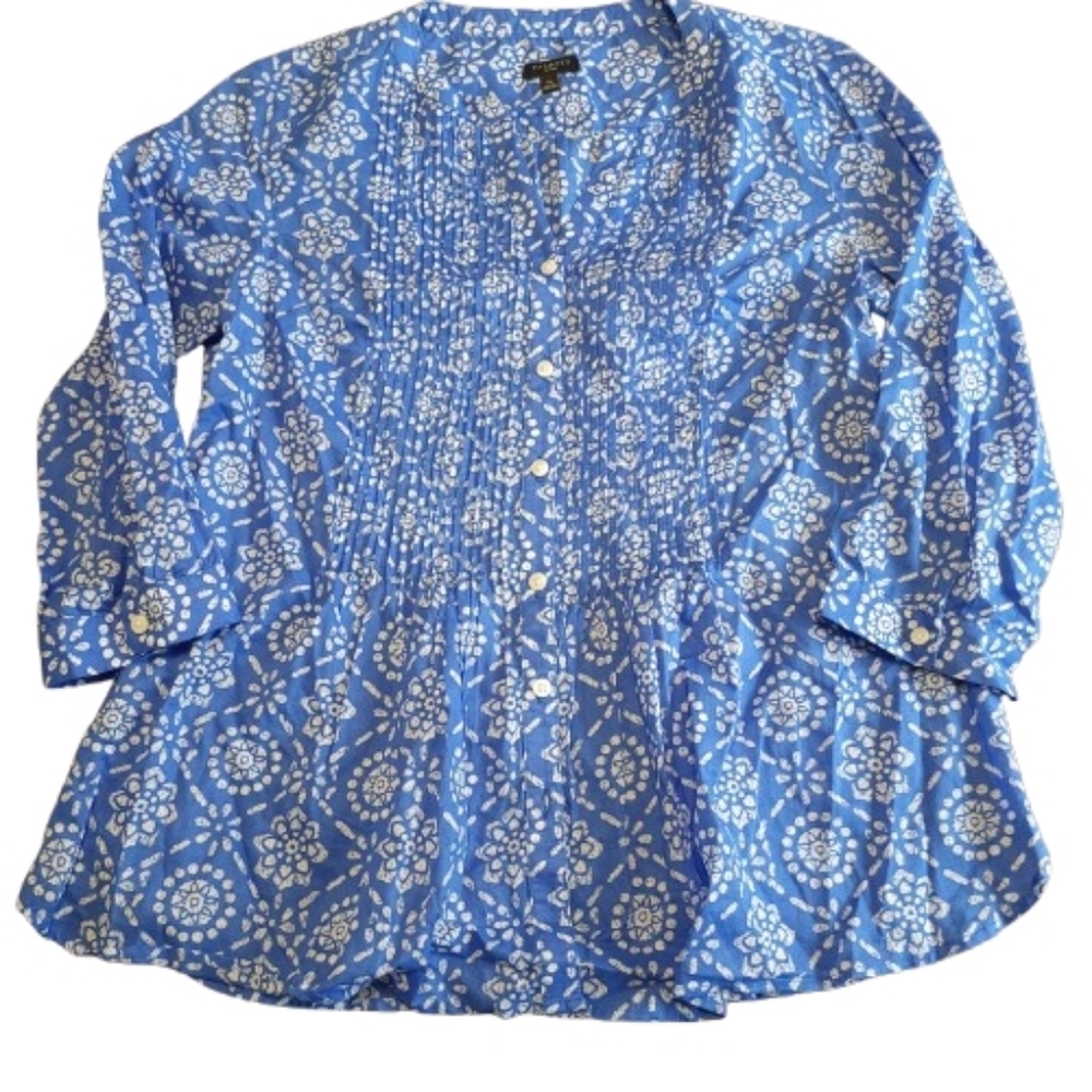 Talbots Blue White Blouse Collarless Button Down Half Sleeve Size‎ Small Petite